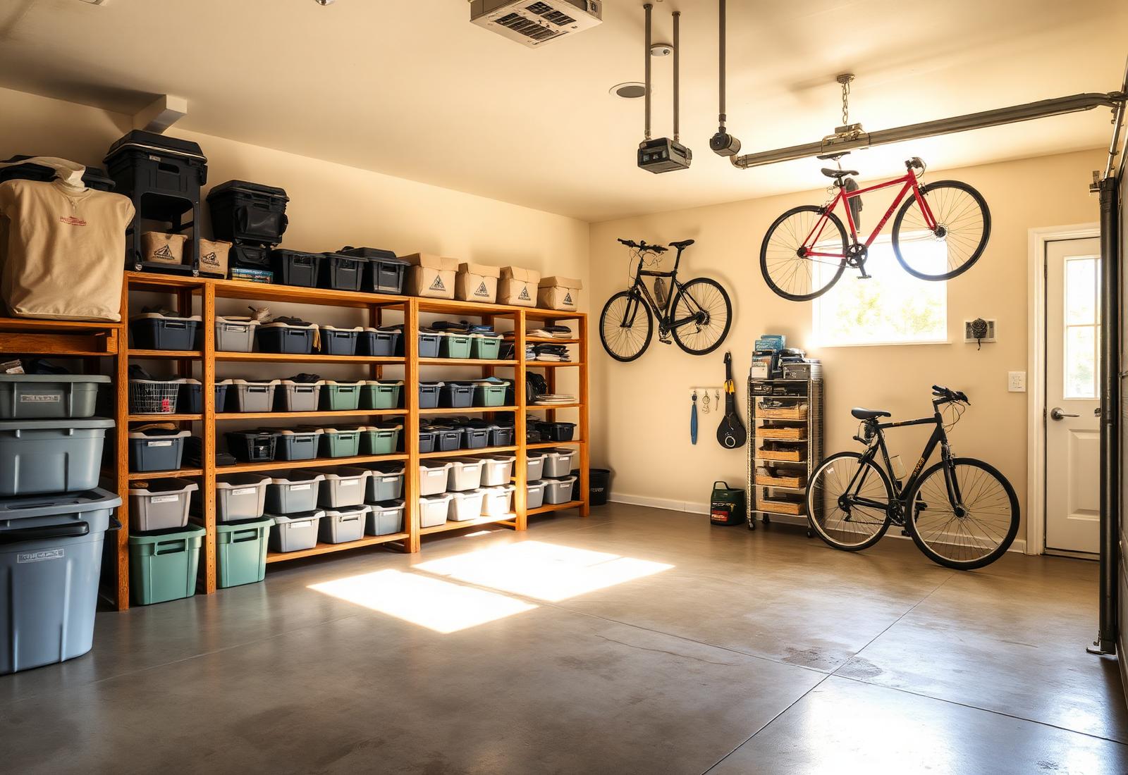 Beautifully organized family garage with wooden shelving and labeled bins